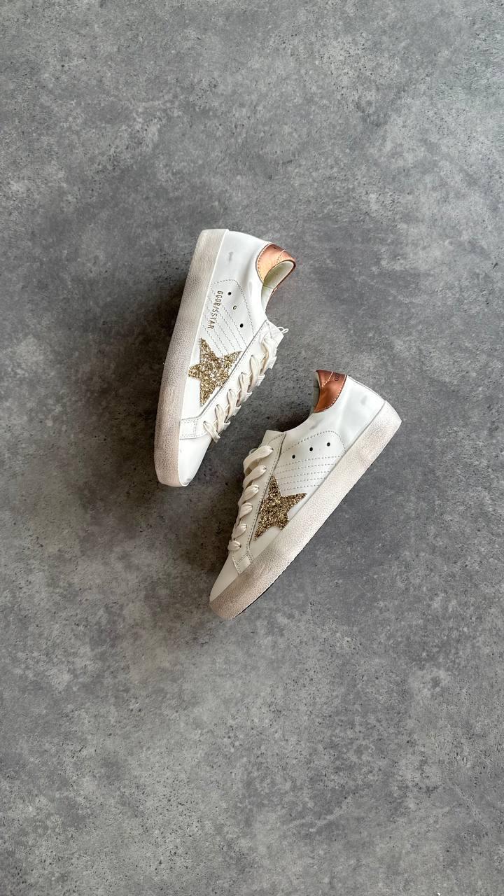 Golden Goose Ball Star White Glitter Star Copper Heel