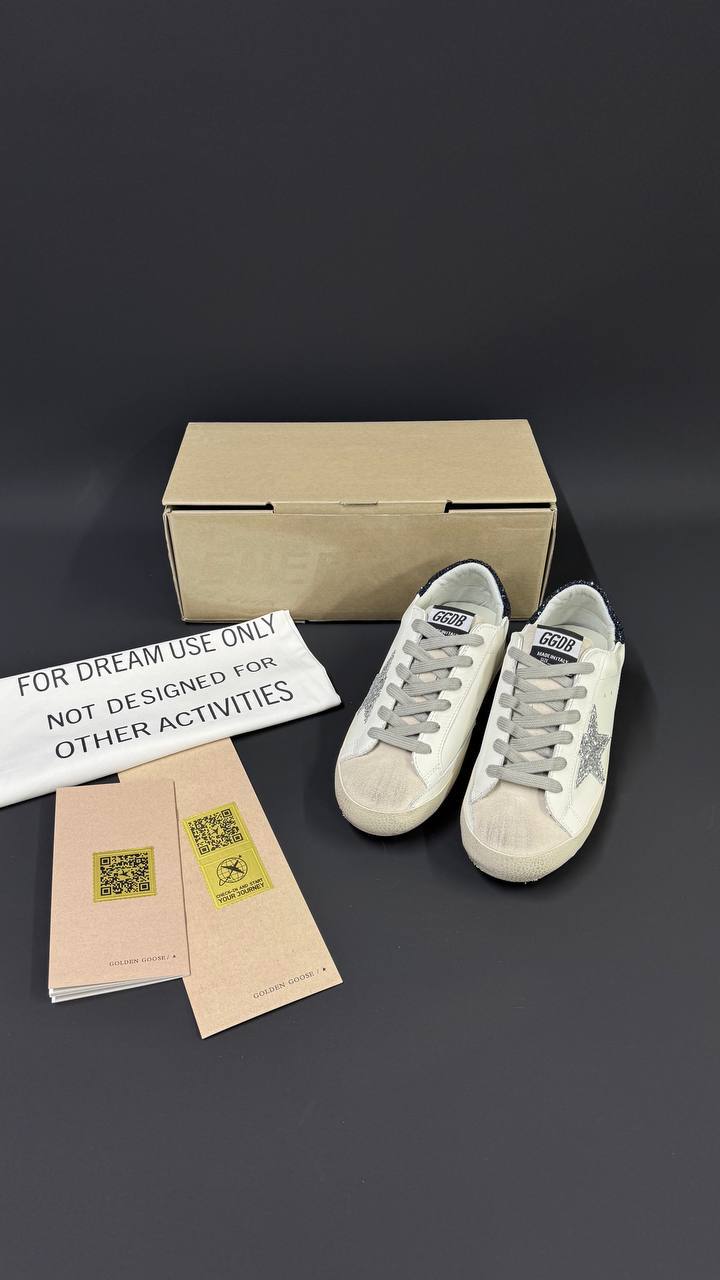 Golden Goose Super-Star White Leather Silver Glitter Star