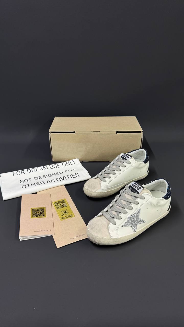 Golden Goose Super-Star White Leather Silver Glitter Star